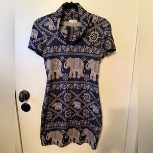 Navy Elephant Print Cowl Neck Dress